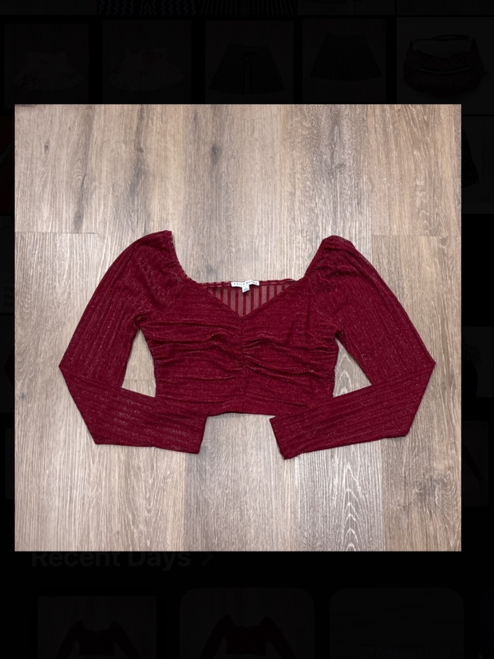 Haute Monde Crop Top Long Sleeve Burgundy Shimmer Ruched Sweetheart Large
